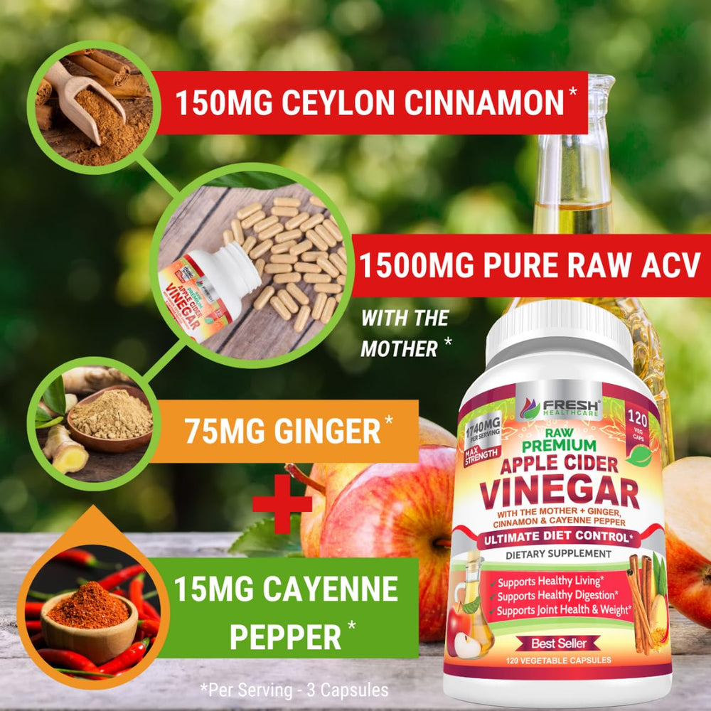 Fresh Healthcare ACV capsules dosage pack showing three capsules daily routine.