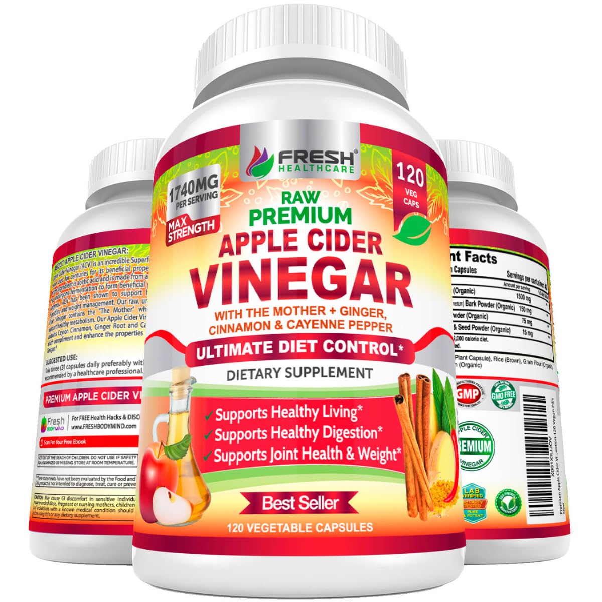 Fresh Healthcare ACV capsules bottle with The Mother for digestive support.