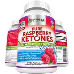 FRESH HEALTHCARE Raspberry Ketones bottle front shows capsules for metabolism support