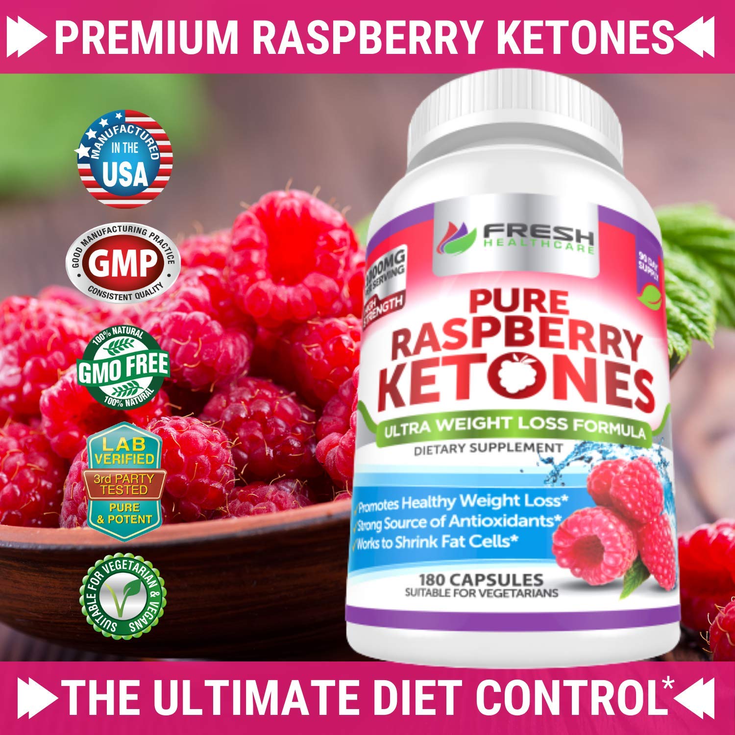 Capsules closeup of FRESH HEALTHCARE Raspberry Ketones for steady energy