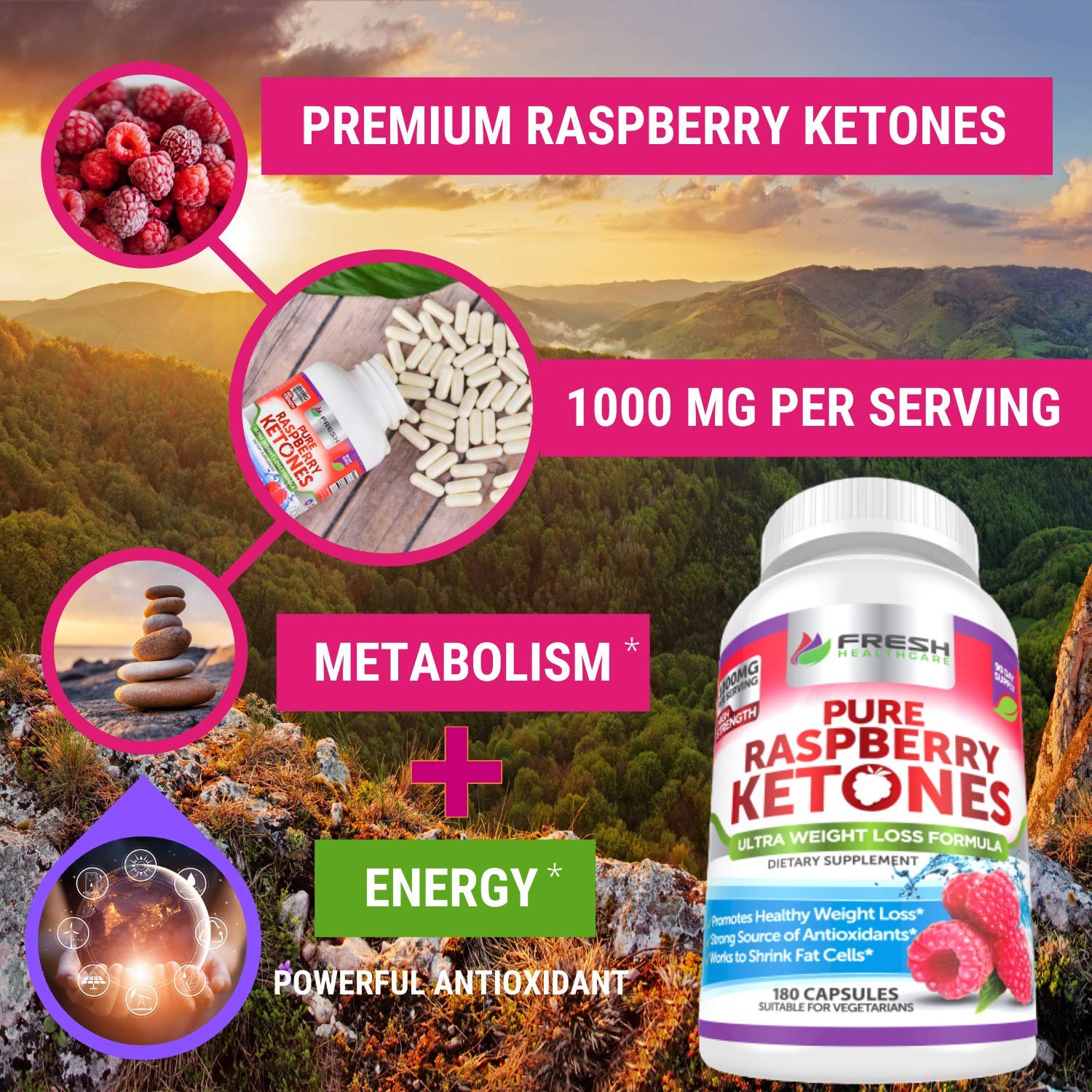 Label detail of FRESH HEALTHCARE Raspberry Ketones highlighting purity
