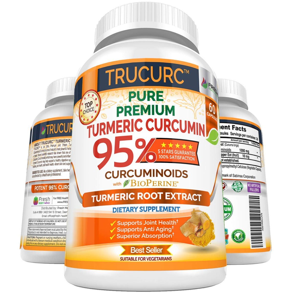 Fresh Healthcare Trucurc turmeric capsules close-up for potent joint support.