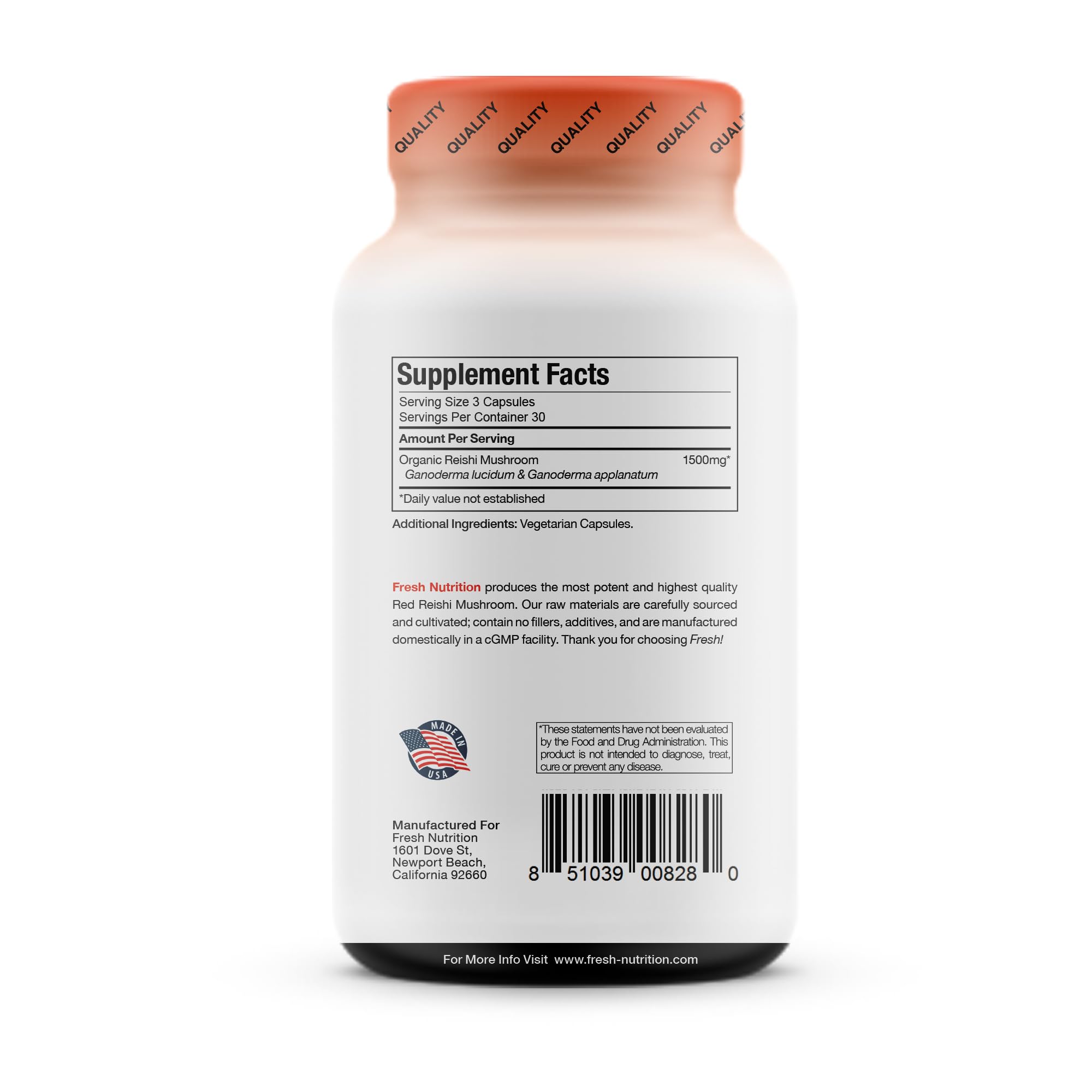 Fresh Nutrition alpha-glucan rich Reishi mushroom capsule detail.