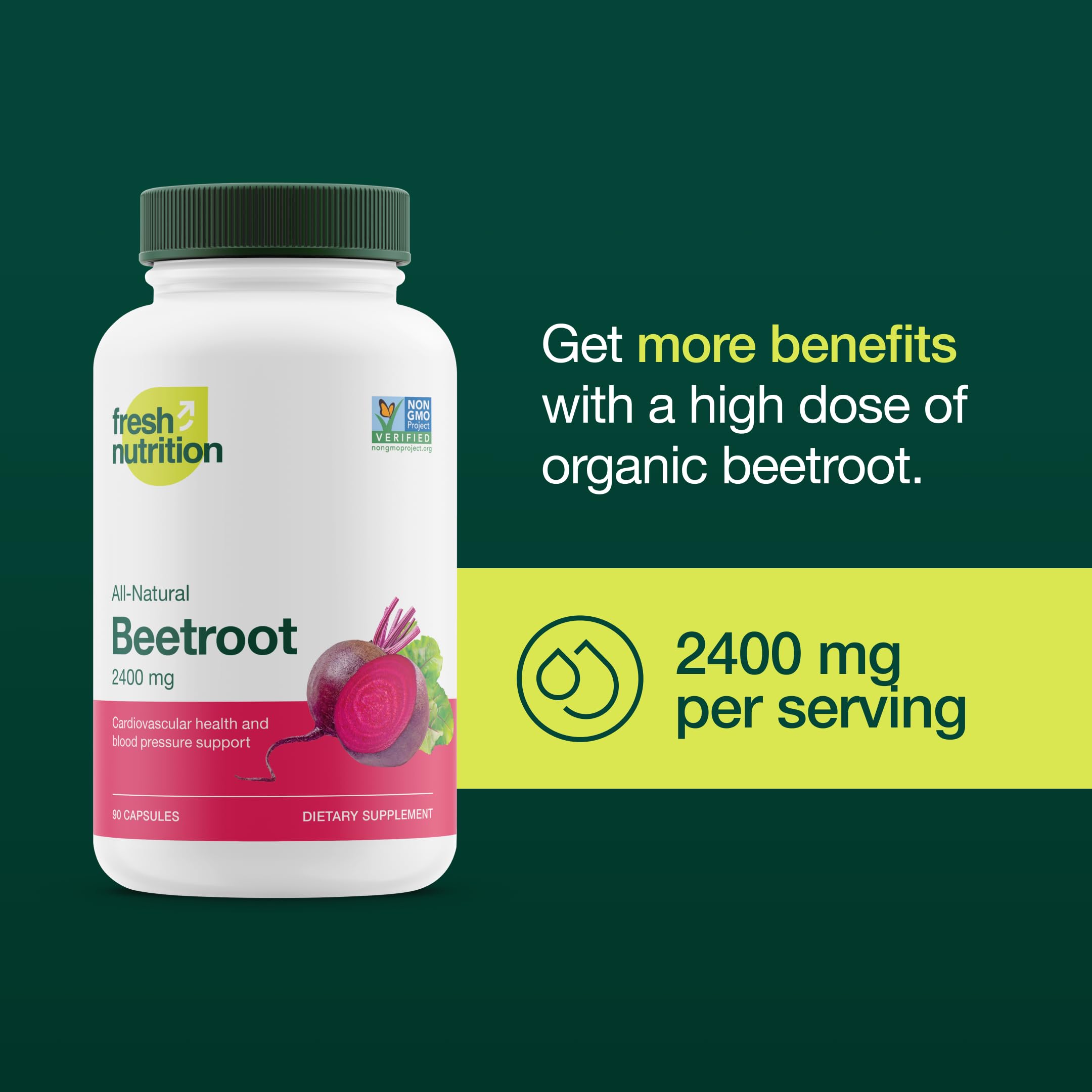 Fresh Nutrition beet root powder capsules inside provide 800 mg per capsule.