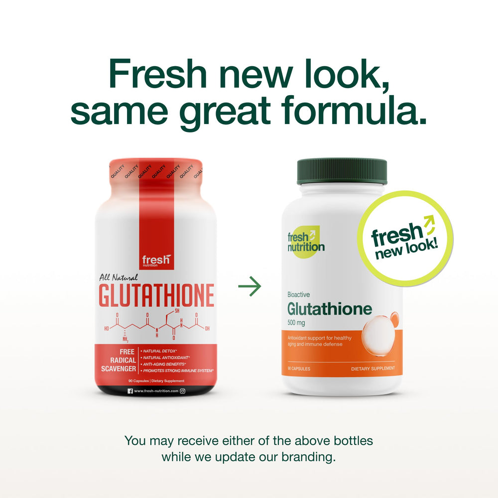 Fresh Nutrition glutathione capsules bottle side highlighting vegan-friendly formula