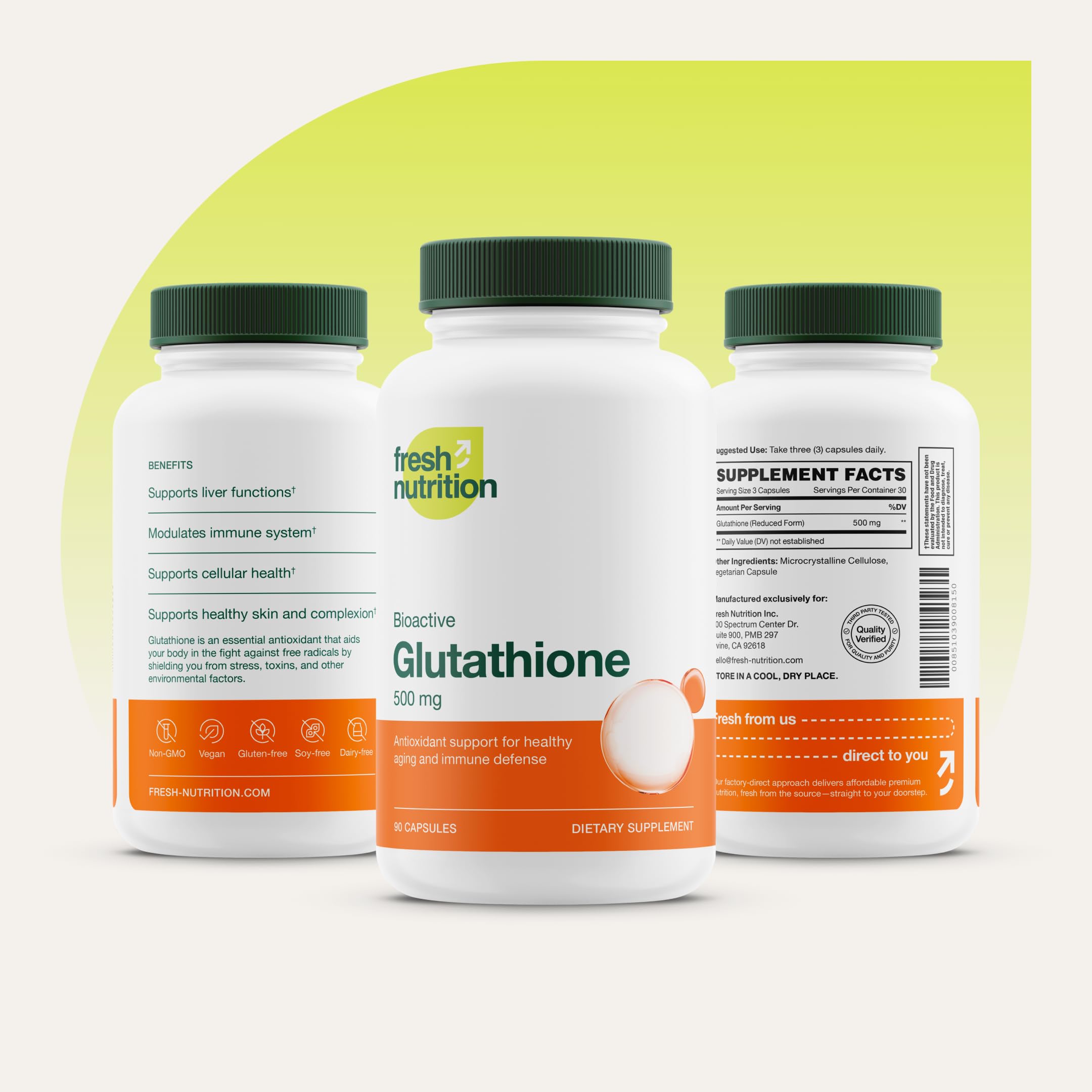 Fresh Nutrition glutathione capsules in hand demonstrating portability and convenience