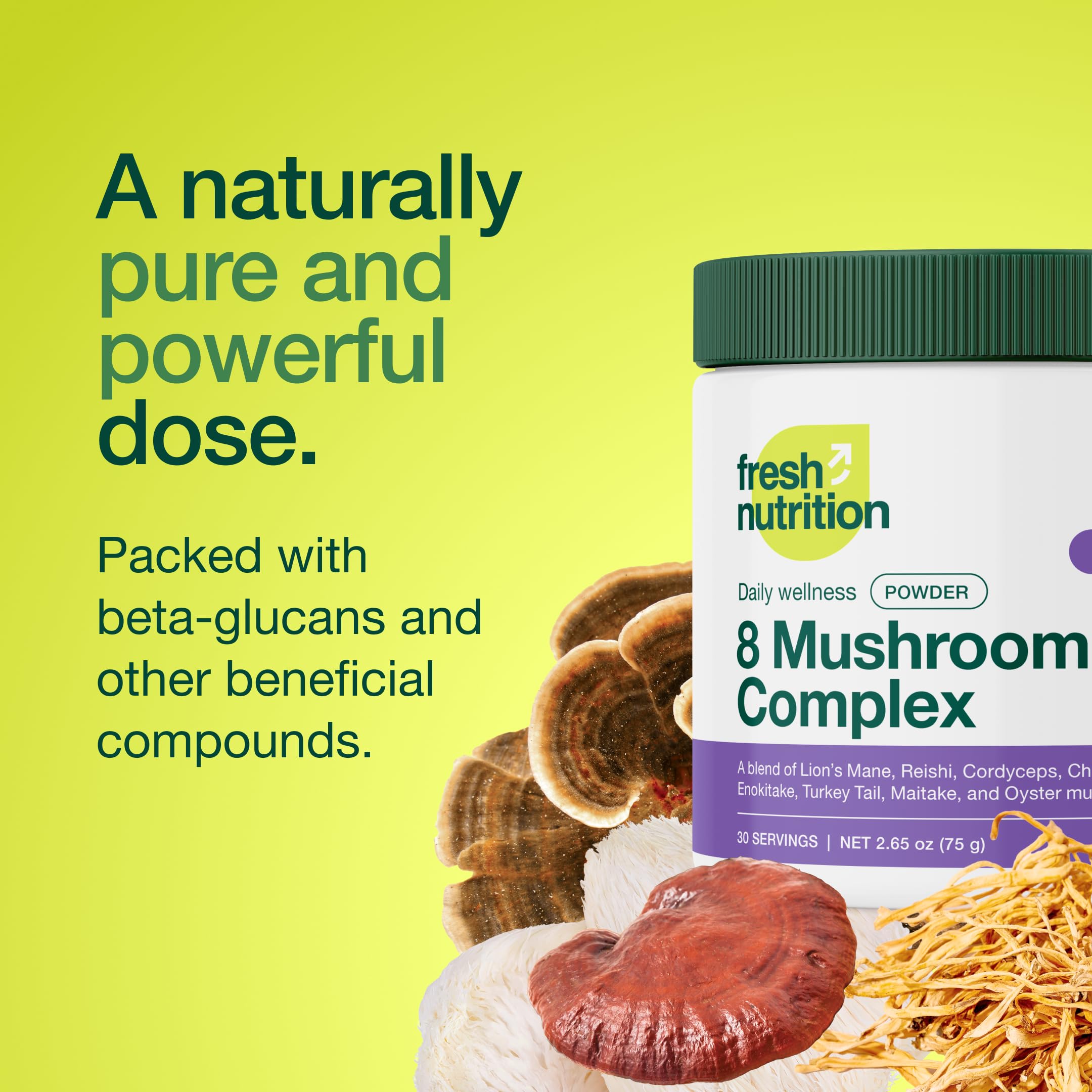 Fresh Nutrition Organic 8 Mushroom Complex Enokitake - milder earthy flavor enhances beverages.