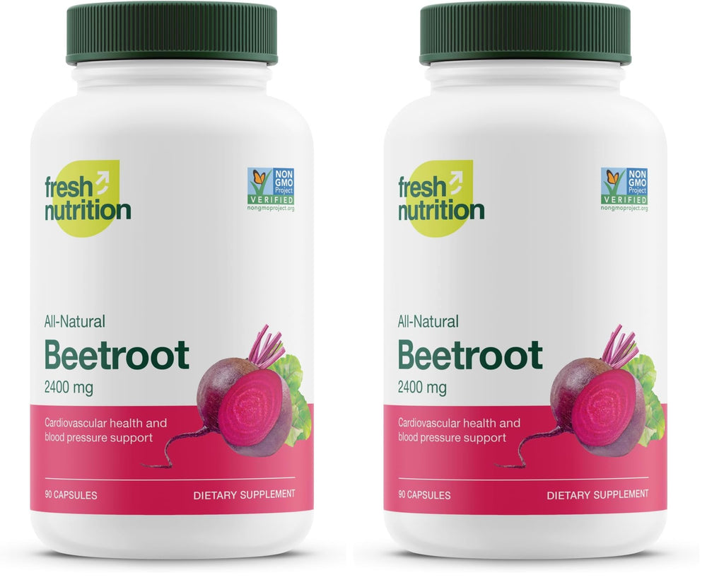 Fresh Nutrition beet root capsules bottle front for daily vegan wellness.