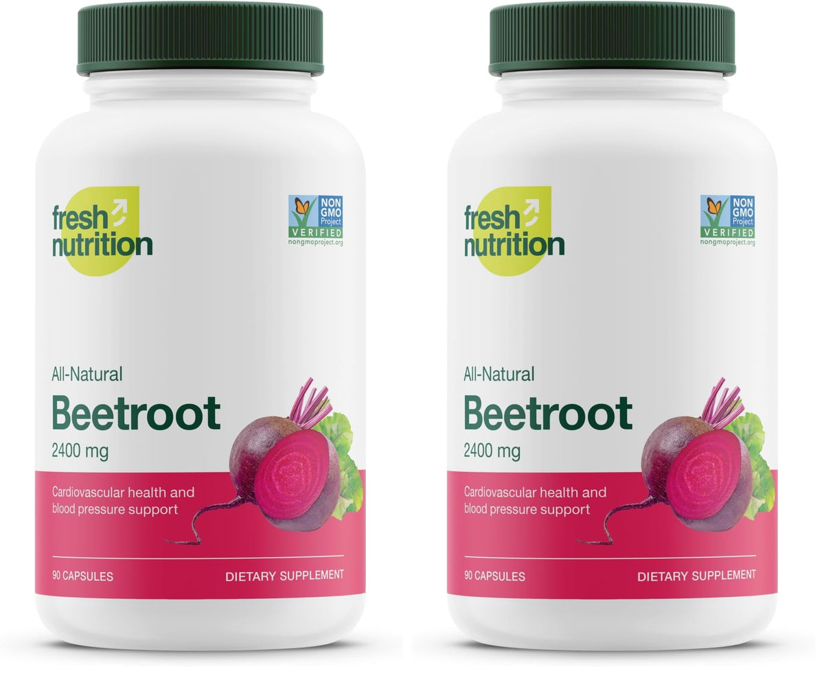 Fresh Nutrition beet root capsules bottle front for daily vegan wellness.