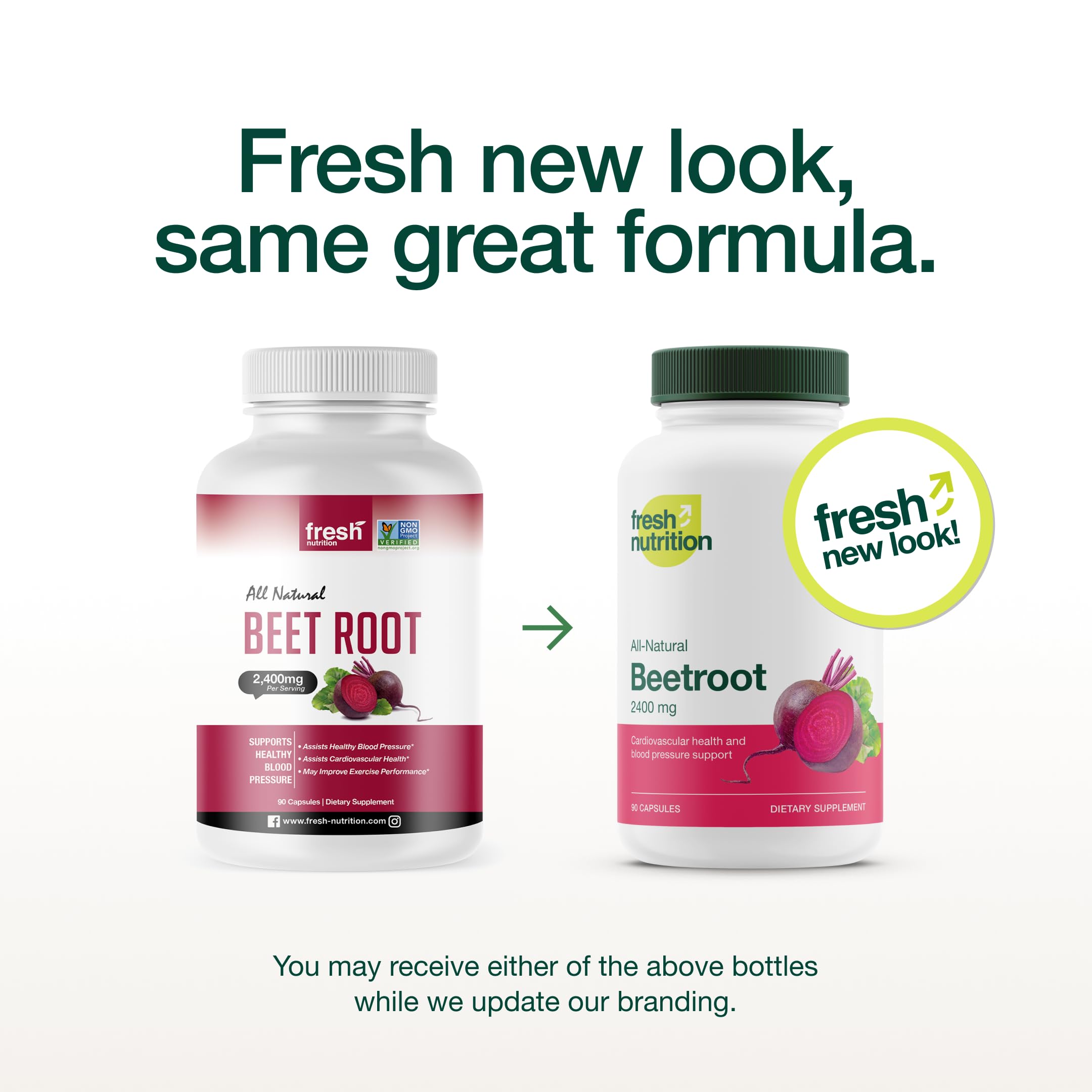 Fresh Nutrition beet root capsules label close-up notes organic, non-GMO ingredients.