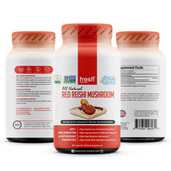 Fresh Nutrition Organic Reishi mushroom bottle highlighting Ganoderma lucidum origin and alpha-glucan content.
