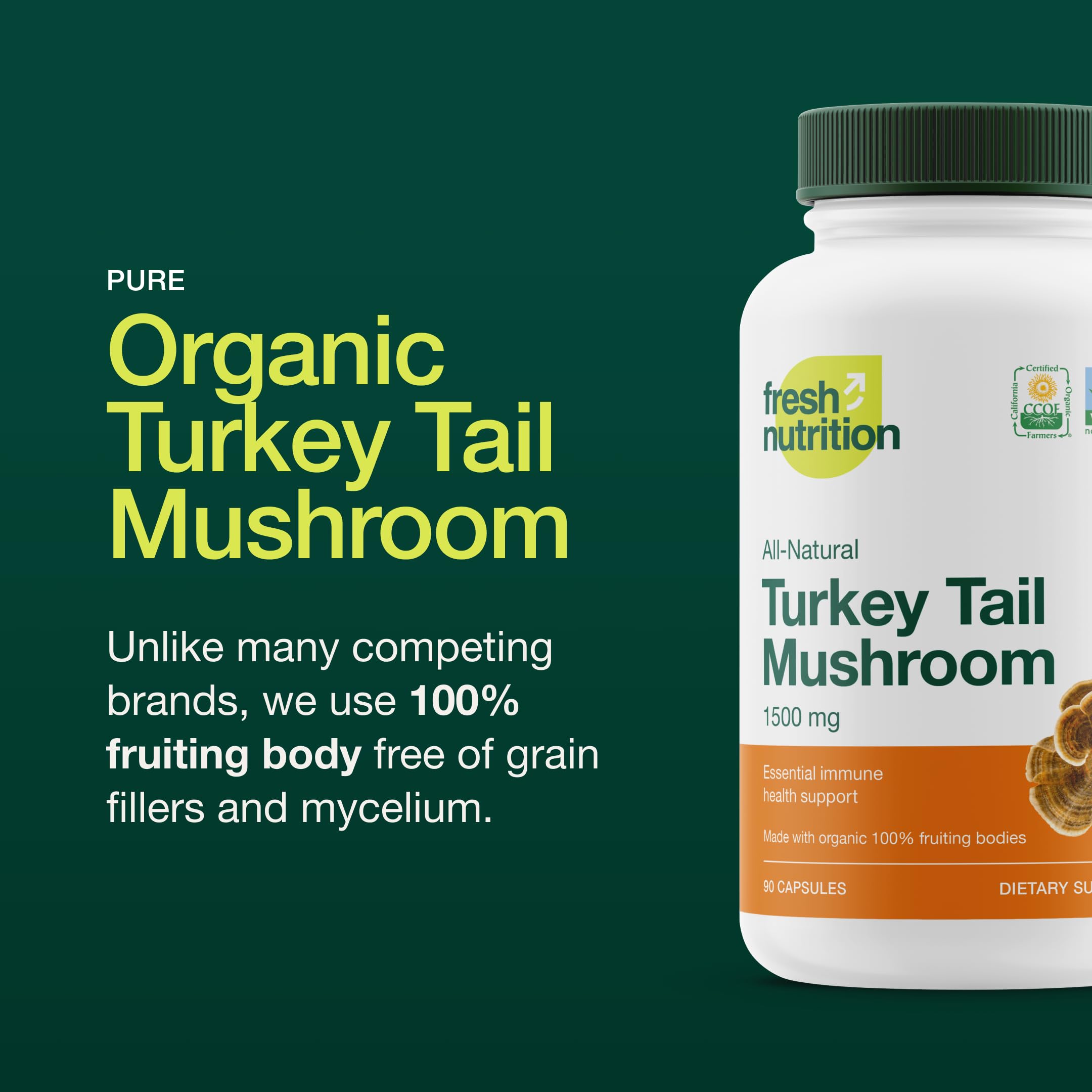 Fresh Nutrition organic turkey tail mushroom close-up highlights whole-mushroom formula