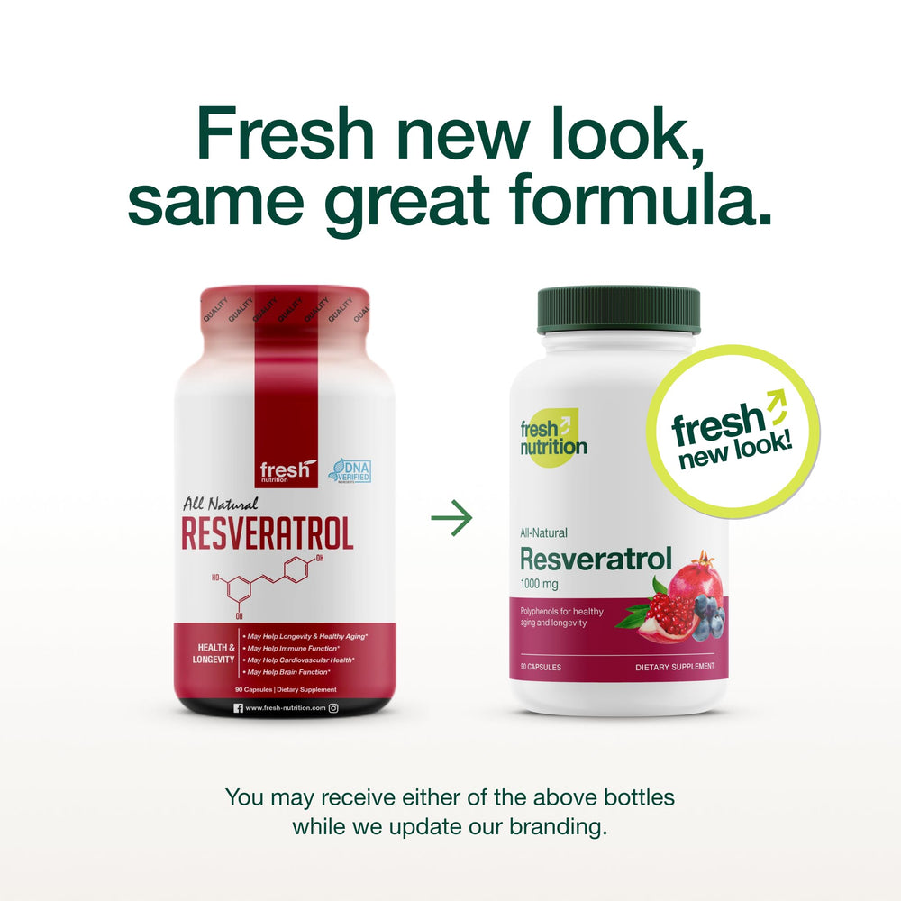 Fresh Nutrition Resveratrol bottle side view highlighting product details