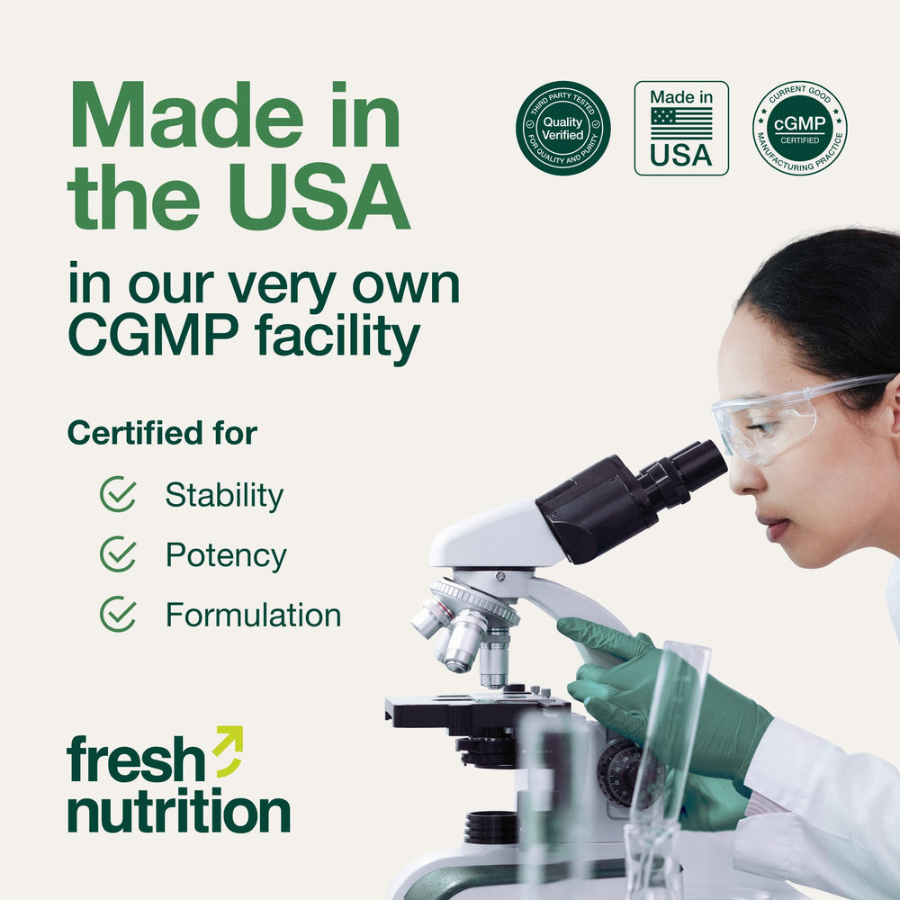 Fresh Nutrition Resveratrol third-party testing sticker indicating purity and potency