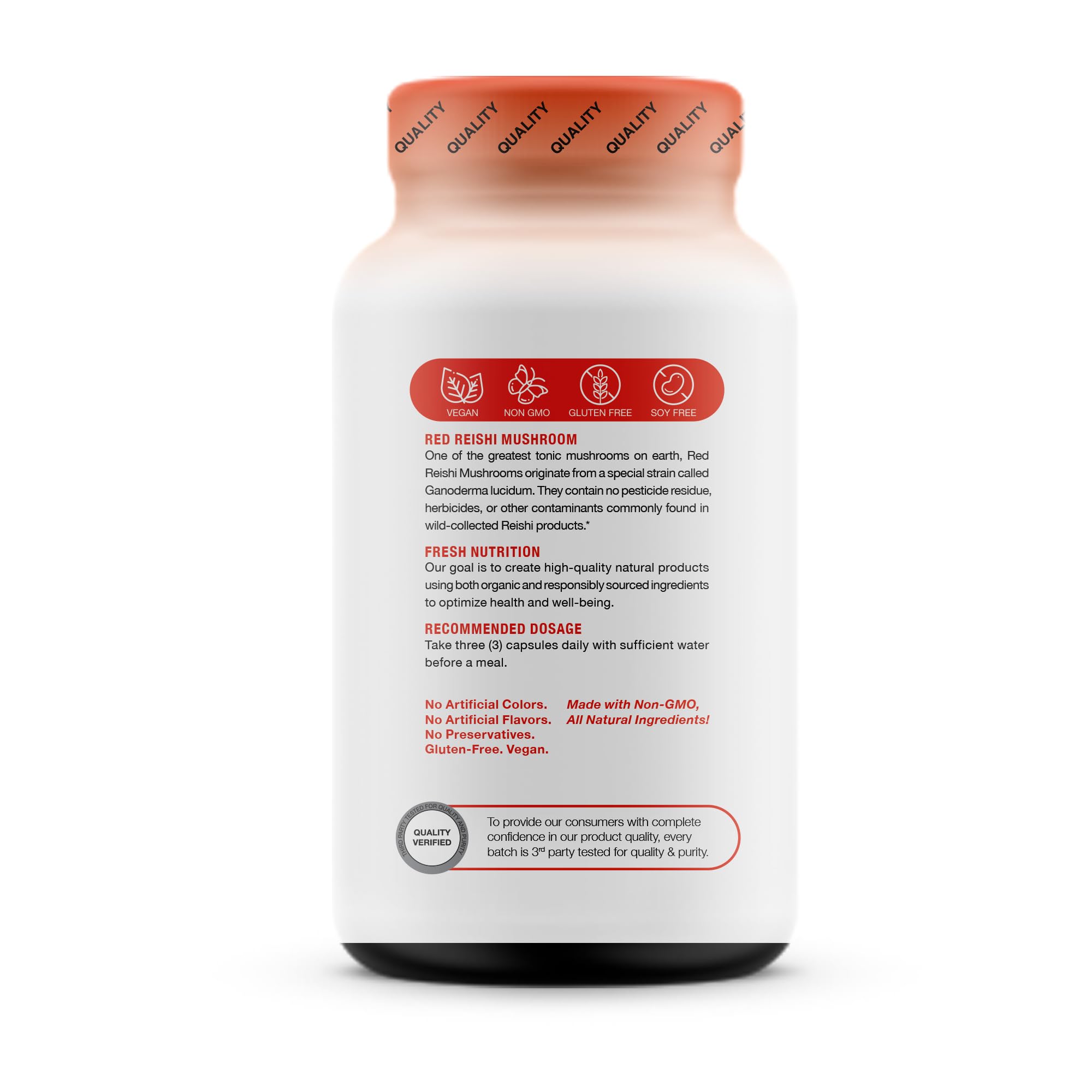 Fresh Nutrition third-party tested seal on Reishi bottle.