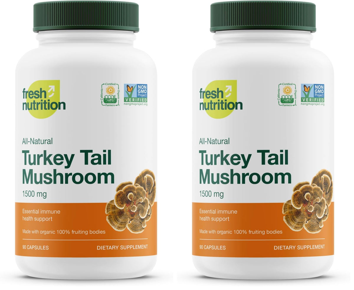 Fresh Nutrition turkey tail bottle with pour for easy daily dosing and benefits