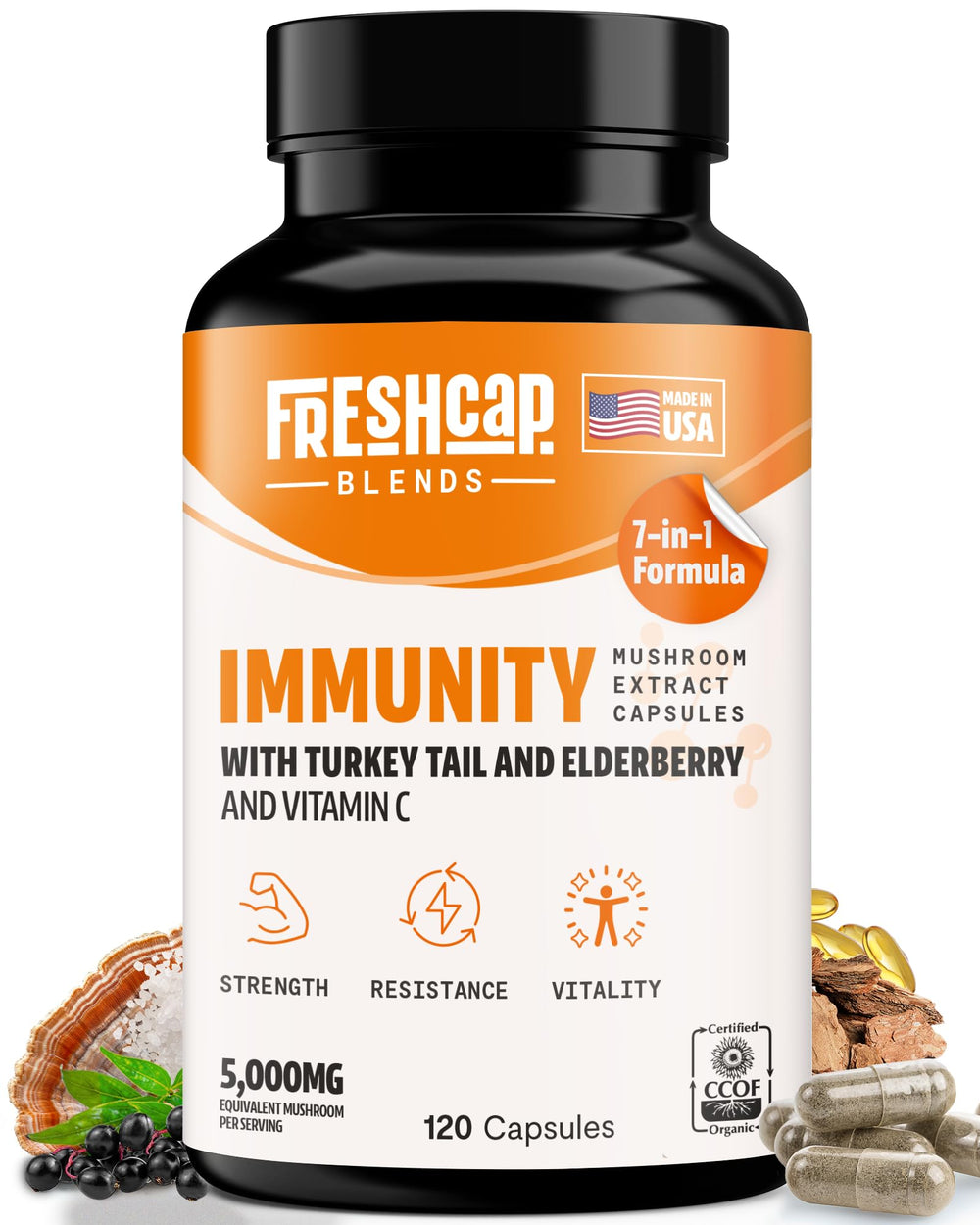 FreshCap 7-in-1 immune support bottle front promotes daily wellness.