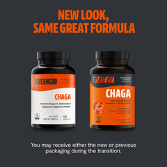 FreshCap Chaga capsules being poured for convenient daily intake