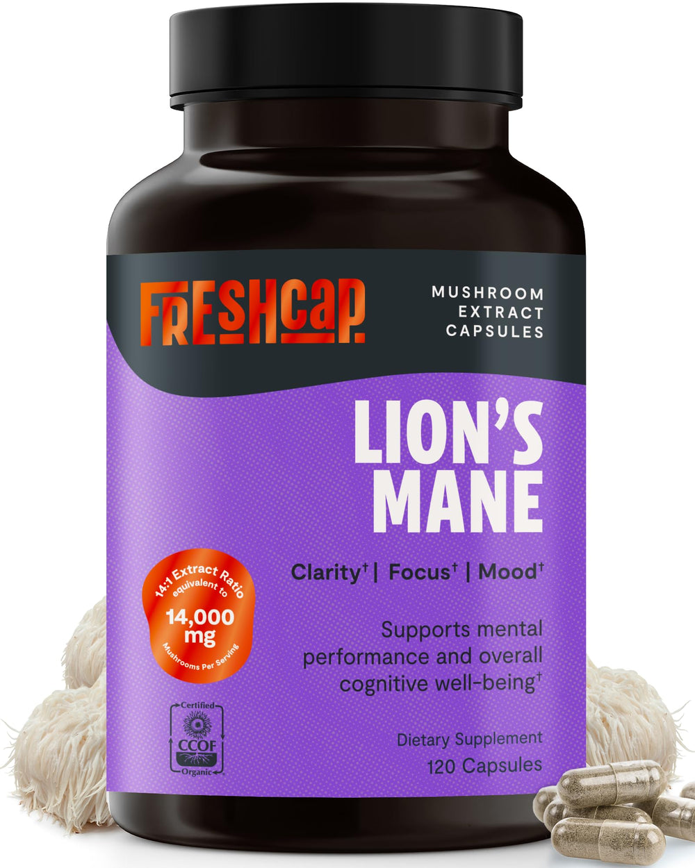 FreshCap Lions Mane bottle with label, supports daily cognitive clarity.