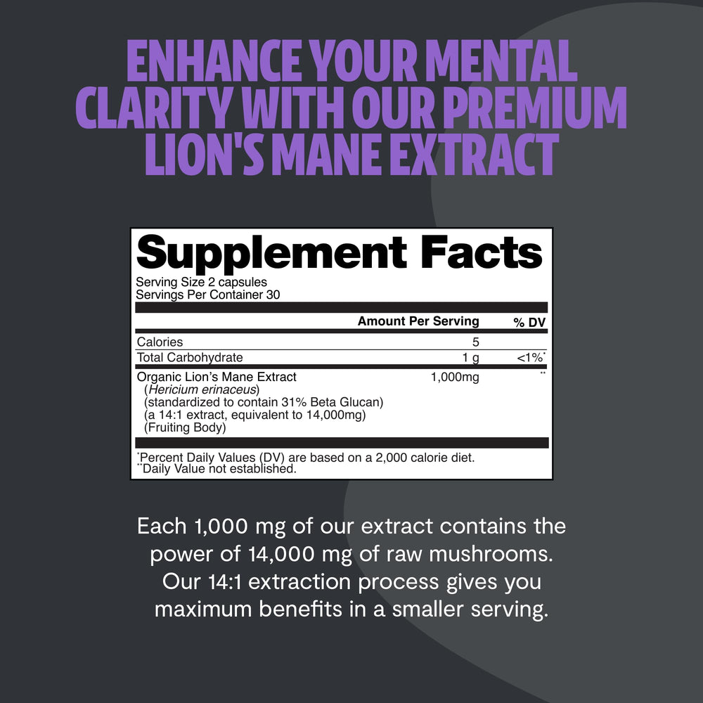 Ingredients label on FreshCap Lions Mane showing fruiting body extract.