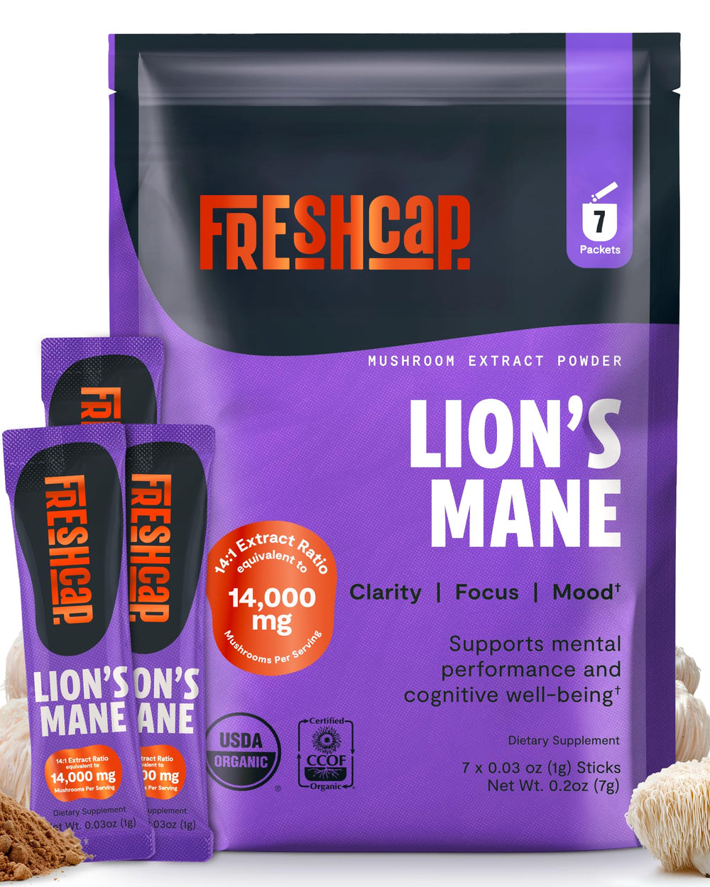 FreshCap Lions Mane Powder 7-stick pack for on-the-go cognitive support.