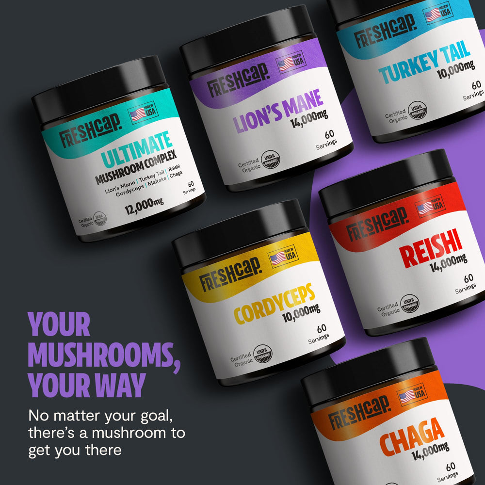 FreshCap Lions Mane Powder on-the-go routine for daily brain health.