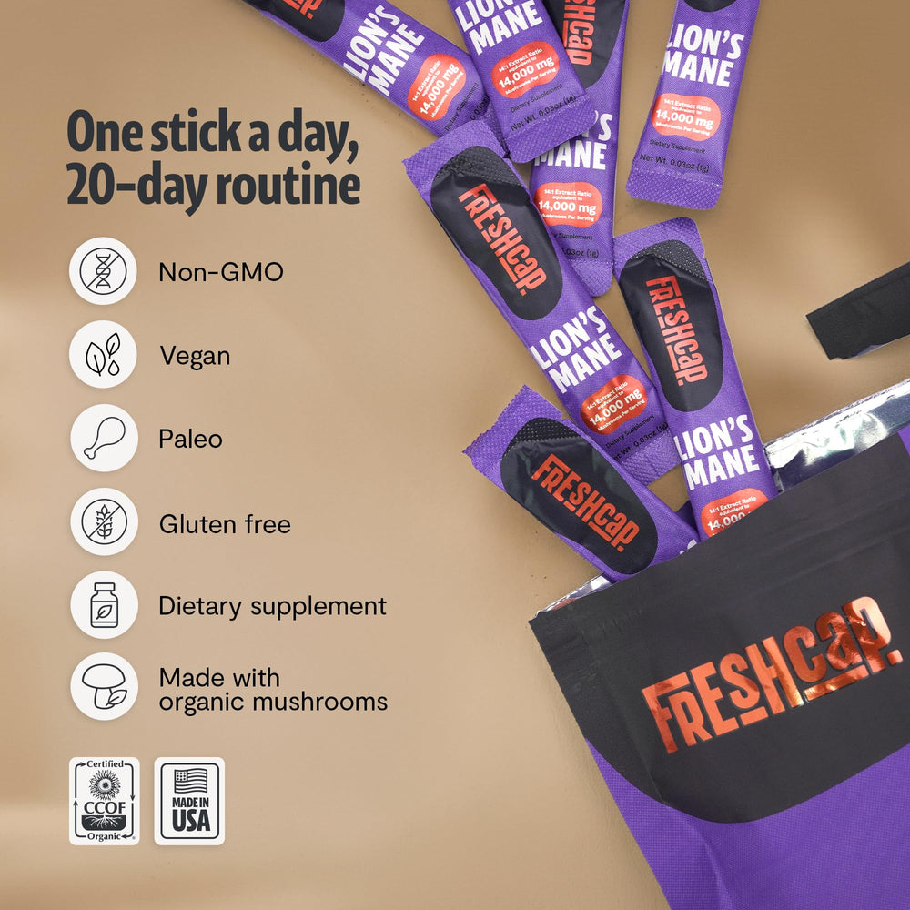 FreshCap Lions Mane badge confirms organic, gluten-free and third-party testing.