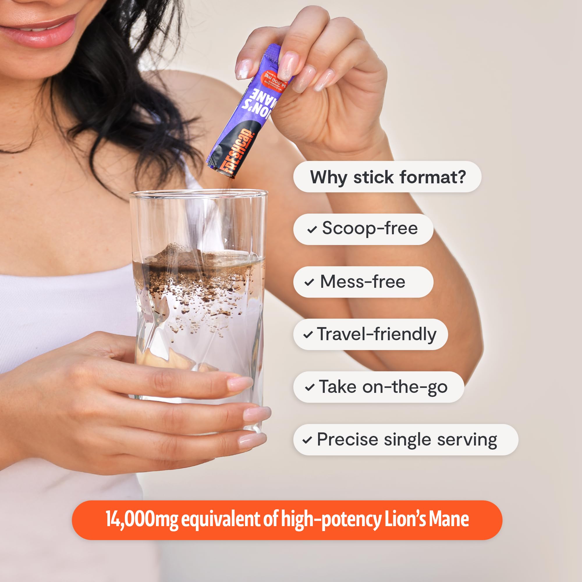 FreshCap Lions Mane single-serve stick ready to mix for quick focus.