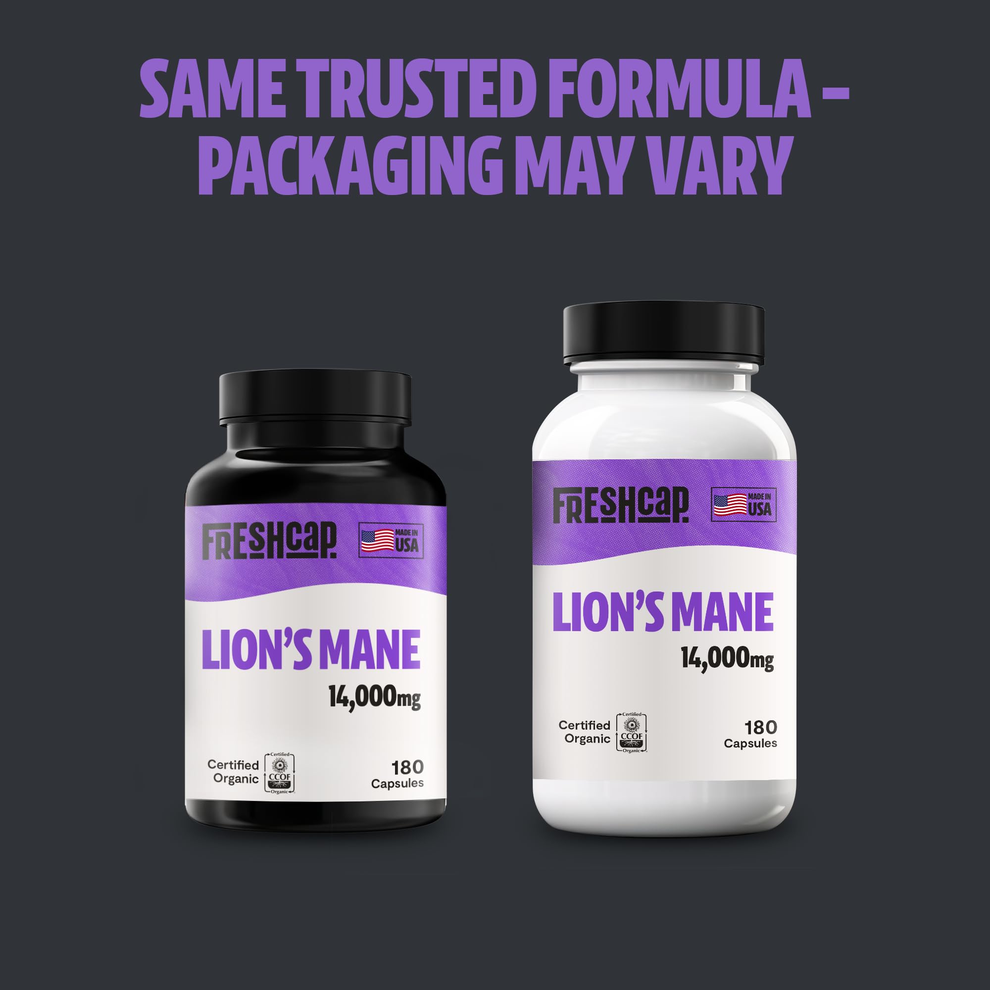 FreshCap Lions Mane bottle with 180 capsules for daily use