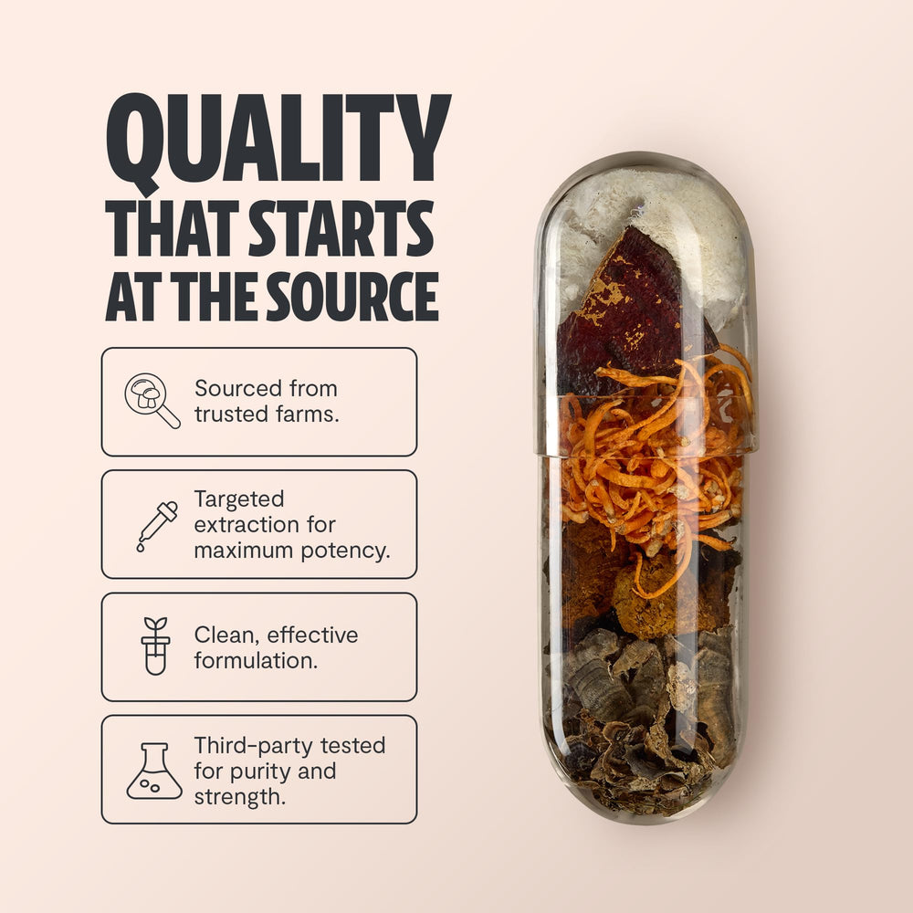 FreshCap Mushrooms bottle pour showing easy daily dosage