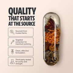 FreshCap Mushrooms bottle pour showing easy daily dosage