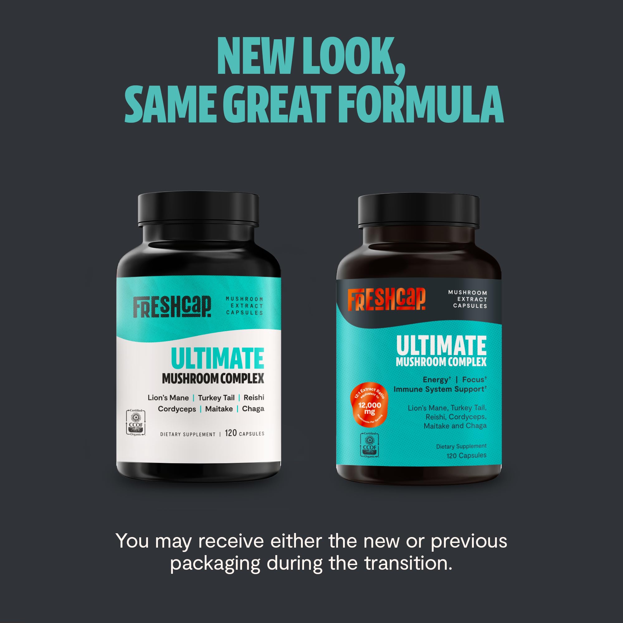 FreshCap Mushrooms capsules close-up highlighting the six-mushroom complex for daily vitality.