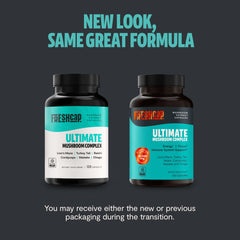 FreshCap Mushrooms capsules close-up highlighting the six-mushroom complex for daily vitality.