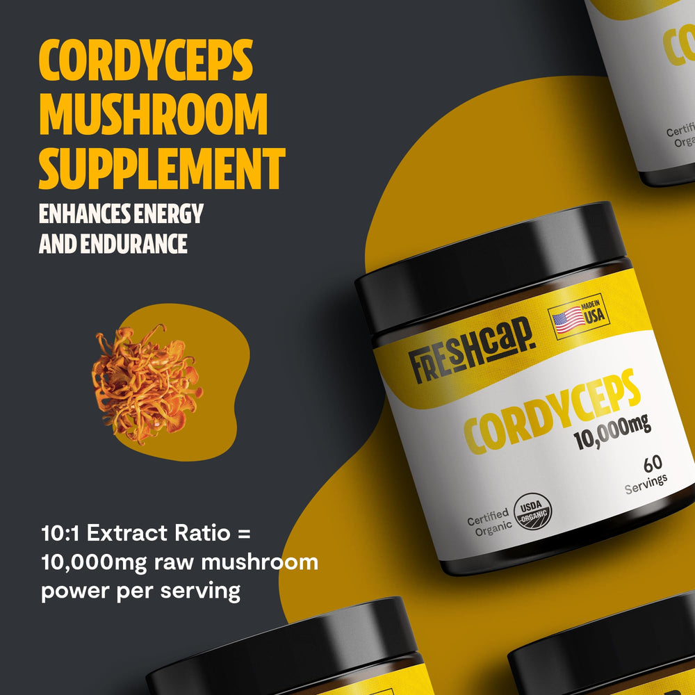 FreshCap Mushrooms Cordyceps bottle with 60 servings, organic and pure.