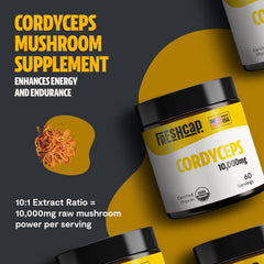 FreshCap Mushrooms Cordyceps bottle with 60 servings, organic and pure.