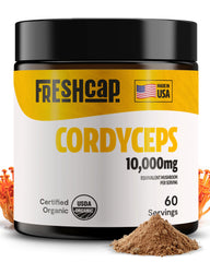 FreshCap Mushrooms Cordyceps powder close-up shows 10,000 mg per serving for daily energy support.