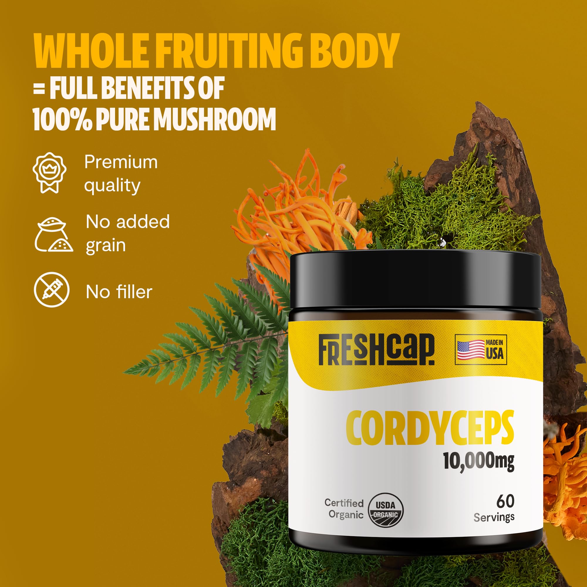 Cordyceps powder blended into a smoothie for morning vitality with FreshCap.
