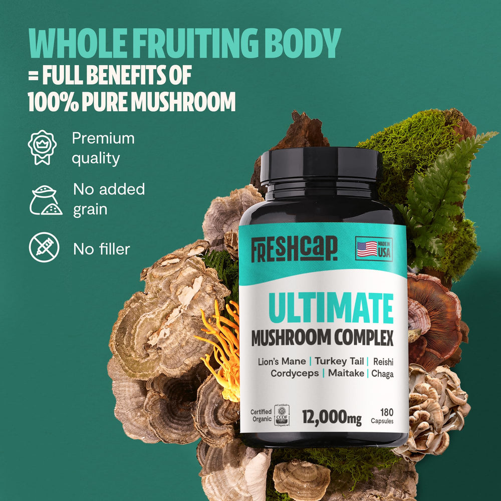 FreshCap label closeup reveals 180 capsules and 12,000 mg per serving.