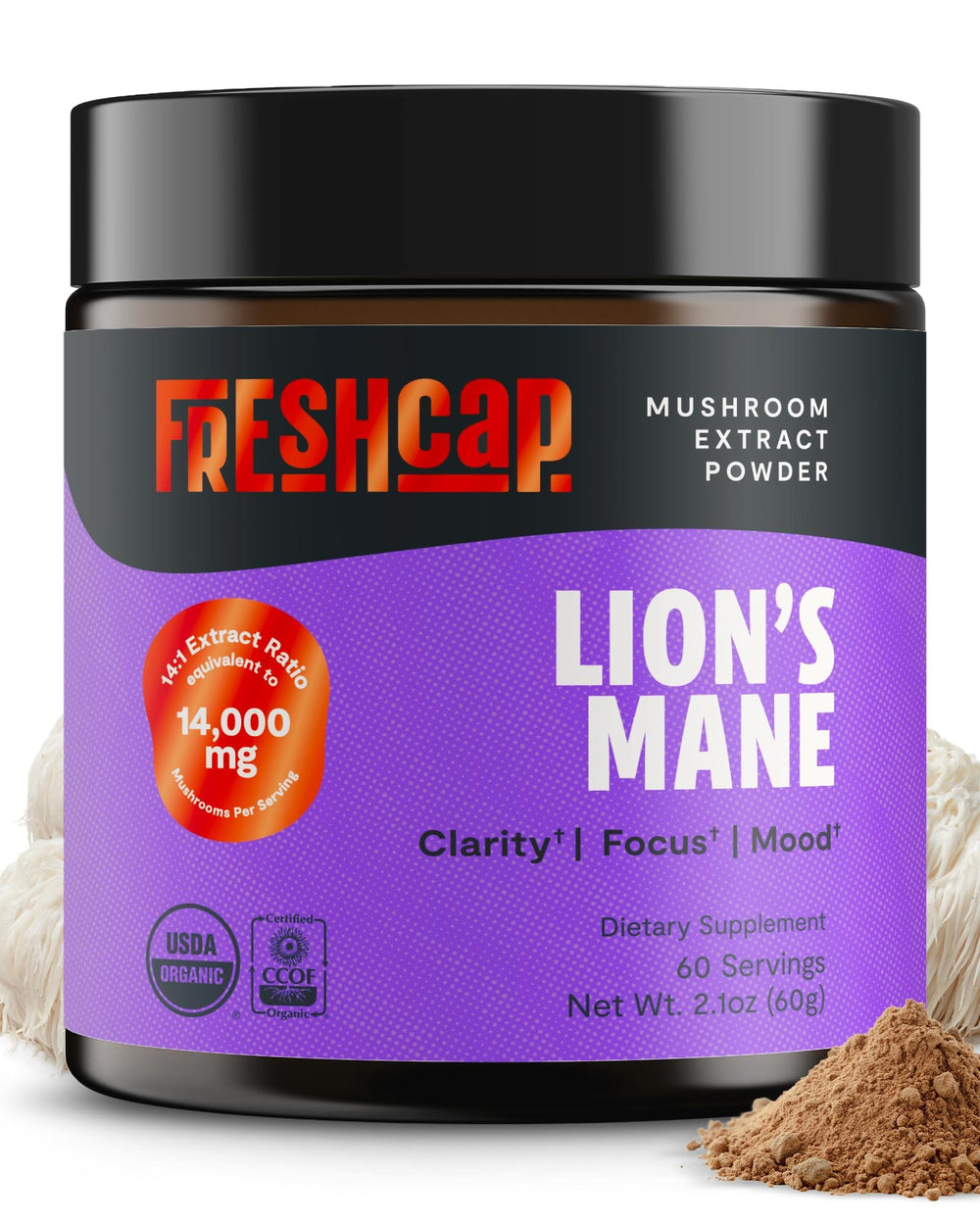 FreshCap Mushrooms Lions Mane powder bottle for daily focus support