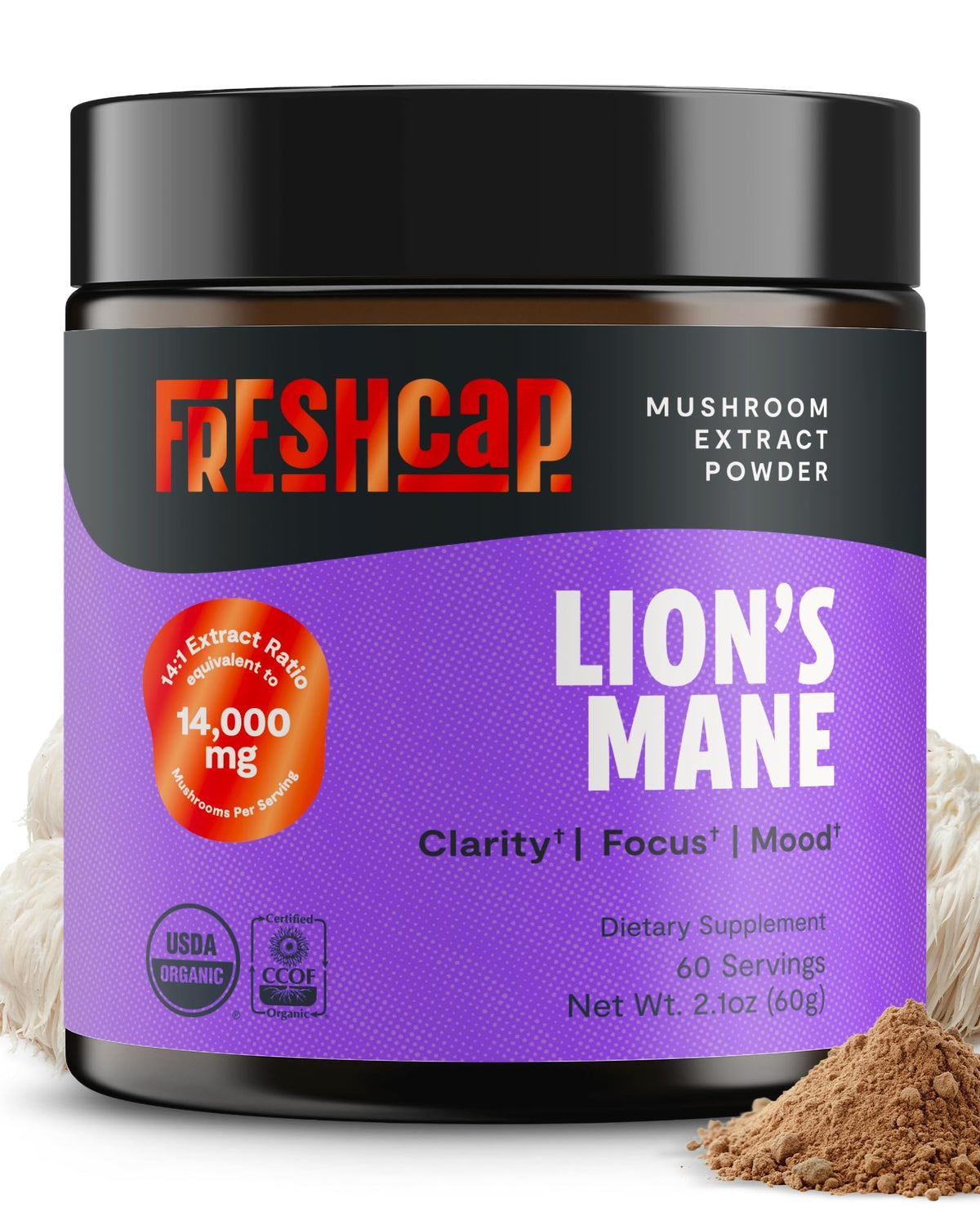 FreshCap Mushrooms Lions Mane powder bottle for daily focus support