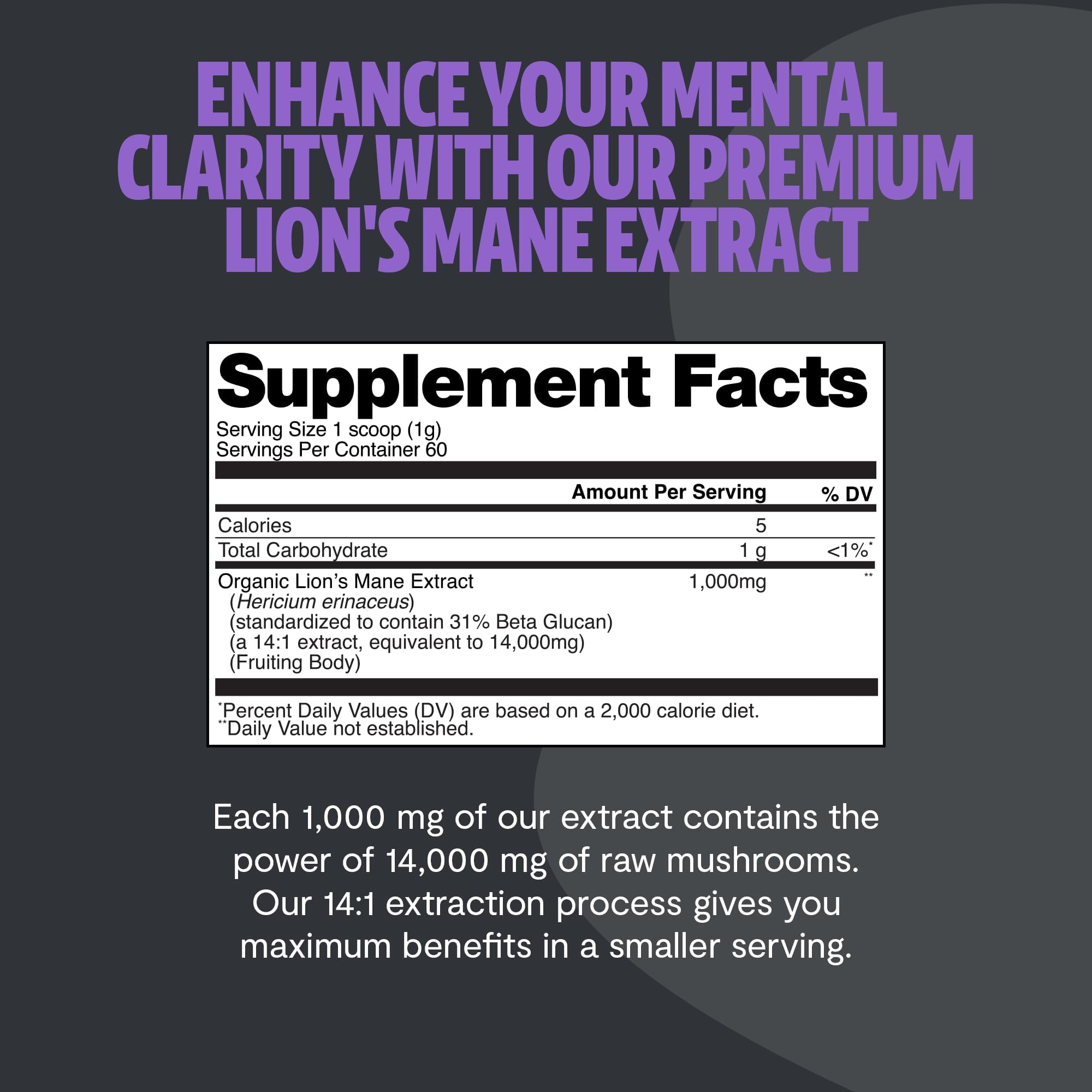 FreshCap Mushrooms Lions Mane powder ingredients seal emphasizes purity and certifications