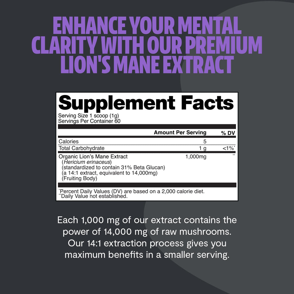 FreshCap Mushrooms Lions Mane powder ingredients seal emphasizes purity and certifications