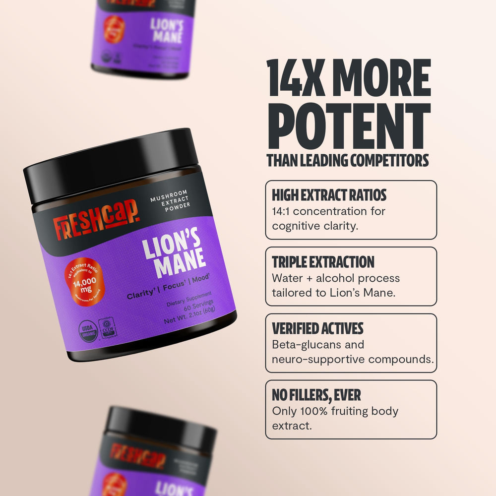 FreshCap Mushrooms Lions Mane powder pouring into a cup for convenient daily use
