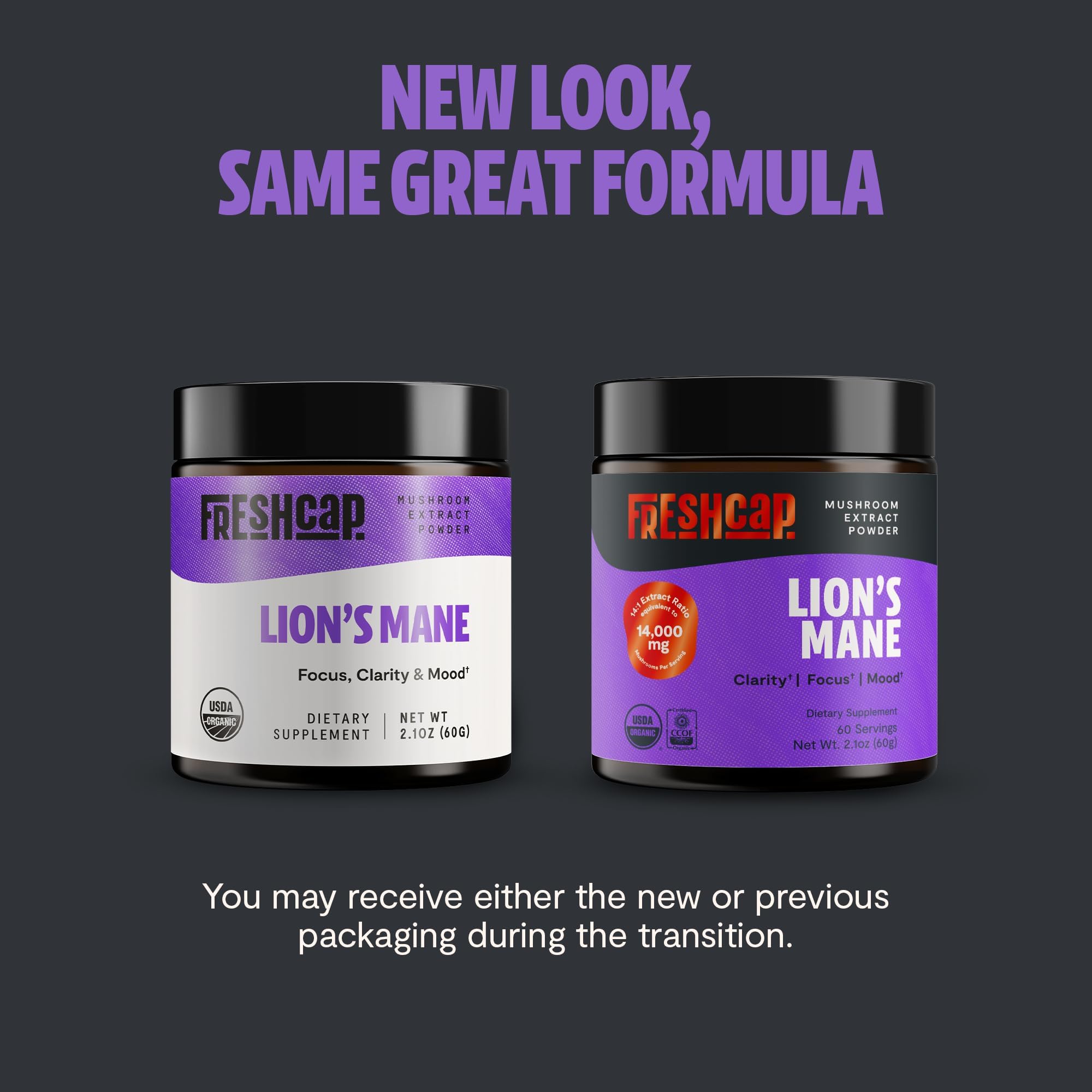 FreshCap Mushrooms Lions Mane powder scoop showing easy serving for memory support