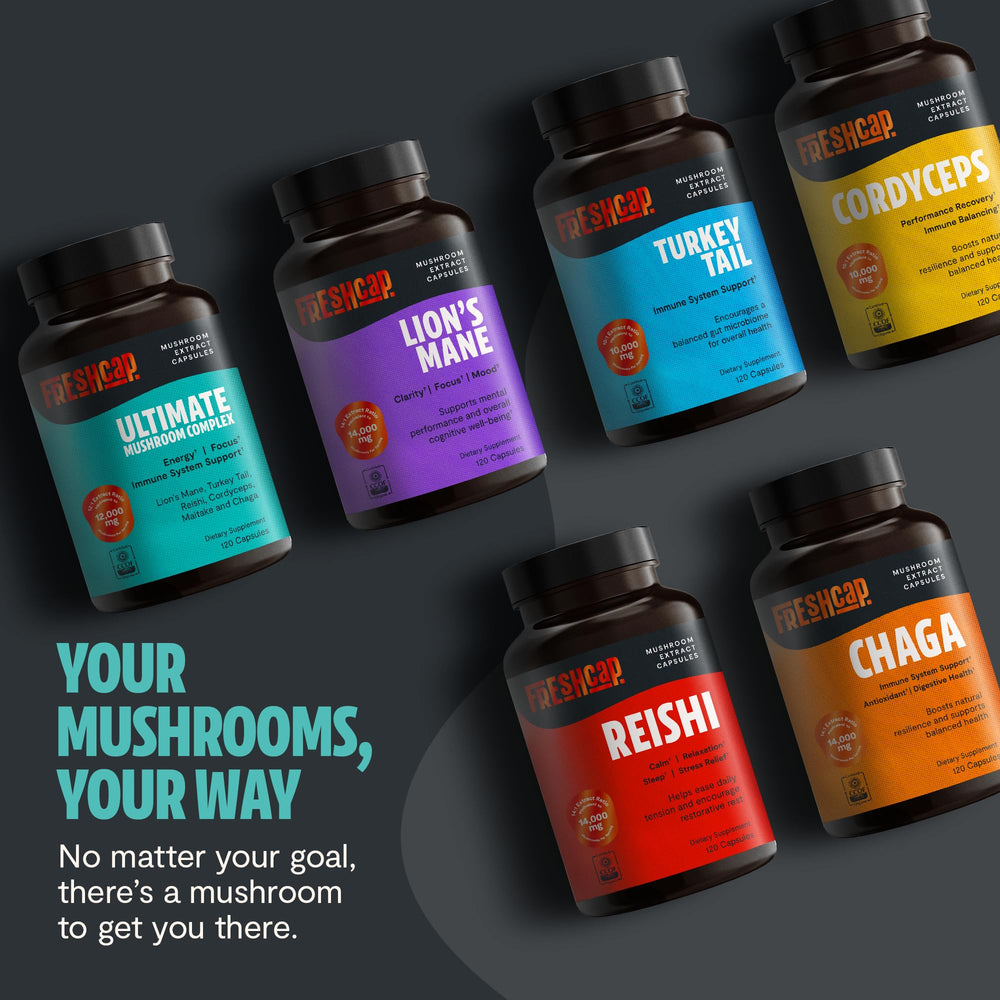 FreshCap Mushrooms packaging feature map highlighting six mushroom types and benefits