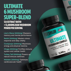 FreshCap Mushrooms Reishi Chaga Cordyceps trio image suggests immune and energy synergy.