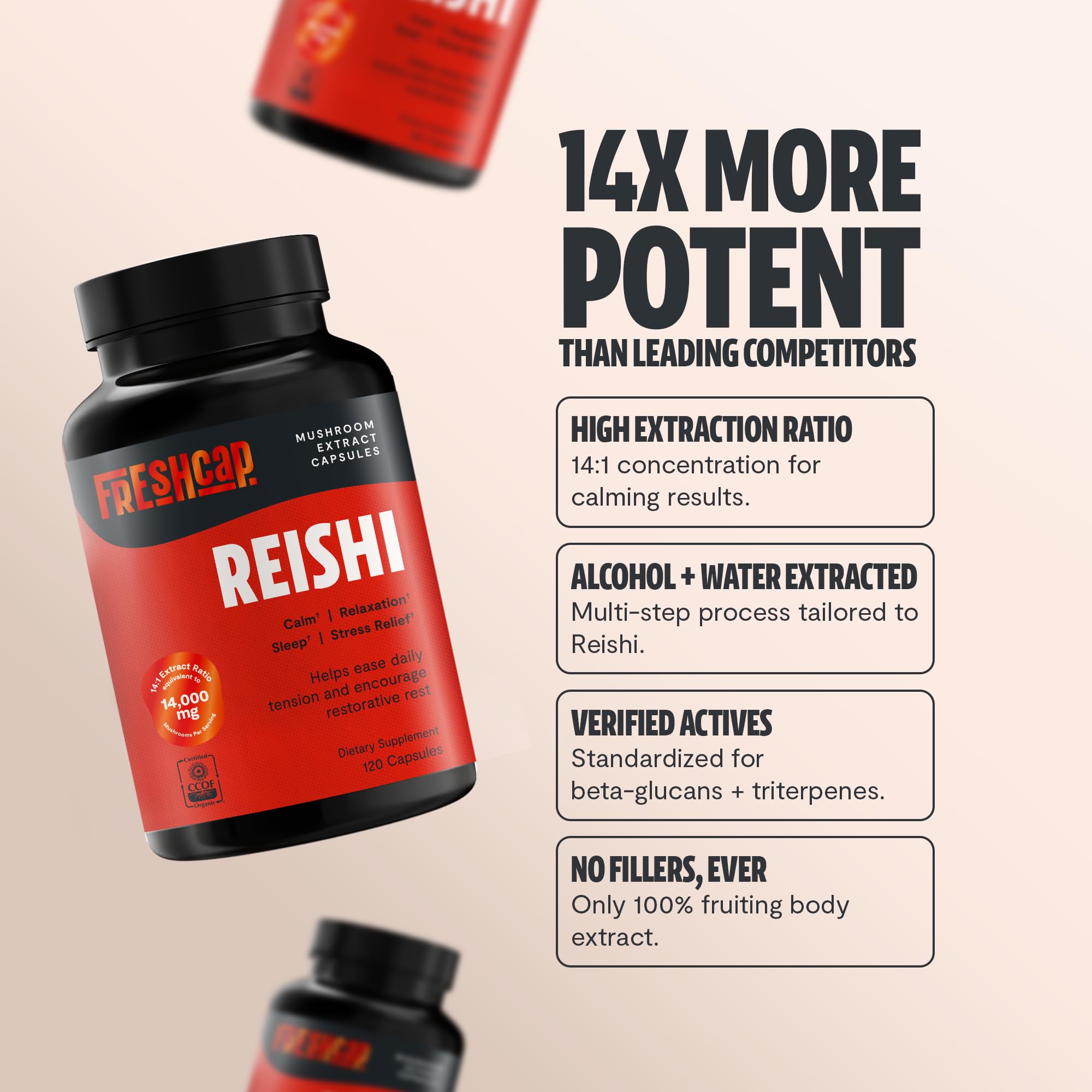 FreshCap Mushrooms Reishi label with organic certification and purity emphasis