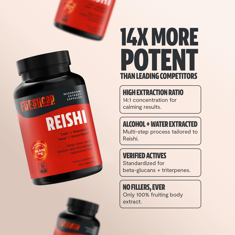 FreshCap Mushrooms Reishi label with organic certification and purity emphasis