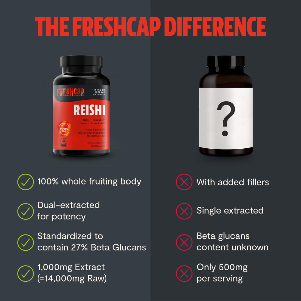 FreshCap Mushrooms Reishi label highlighting vegan and gluten-free notes