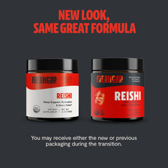 Close-up of FreshCap Reishi powder container highlighting pure whole fruiting body for daily use